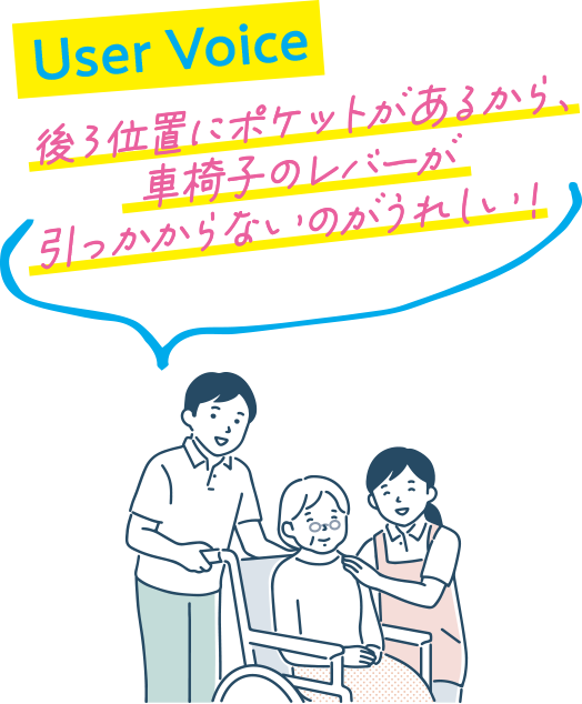 user voice 後ろ位置にポケットがあるから車椅子のレバーが引っかからないのがうれしい！
